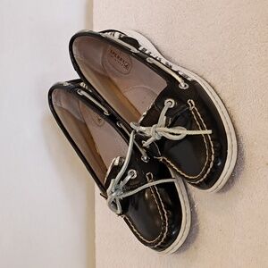 Sperry Top Siders Patent Black Leather Silver Stripe Size 7.5 Boat Shoe Loafers